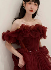 Charming Wine Red Off Shoulder Tulle Beaded Party Dress, Wine Red Prom Dress