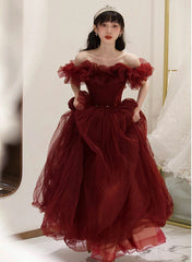 Charming Wine Red Off Shoulder Tulle Beaded Party Dress, Wine Red Prom Dress