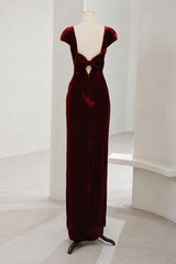 Charming Wine Red Velvet Cap Sleeves Long Party Dress, Wedding Party Dresses