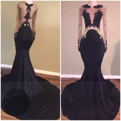 Chic Black Long-Sleeve Lace Mermaid Zipper Prom Party Gowns