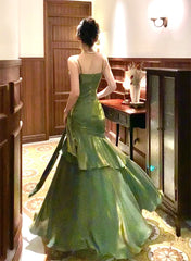 Chic Green Straps Sweetheart Long Formal Dress, Green Prom Dress Evening Dress