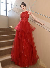 Chic Red Tulle Halter A-Line Long Evening Dress, Tulle Prom Dress Party Dress