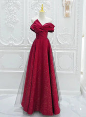 Chic Satin Long Party Dress Prom Dress, A-line Red Off Shoulder Evening Dress