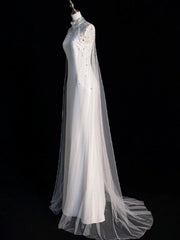 Chic Sheath High Neckline Sleeveless White Tulle Long Wedding Dresses With Beads