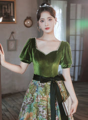 Chic Velvet Floral Short Sleeves Long Prom Dress, Green Sweetheart Party Dress