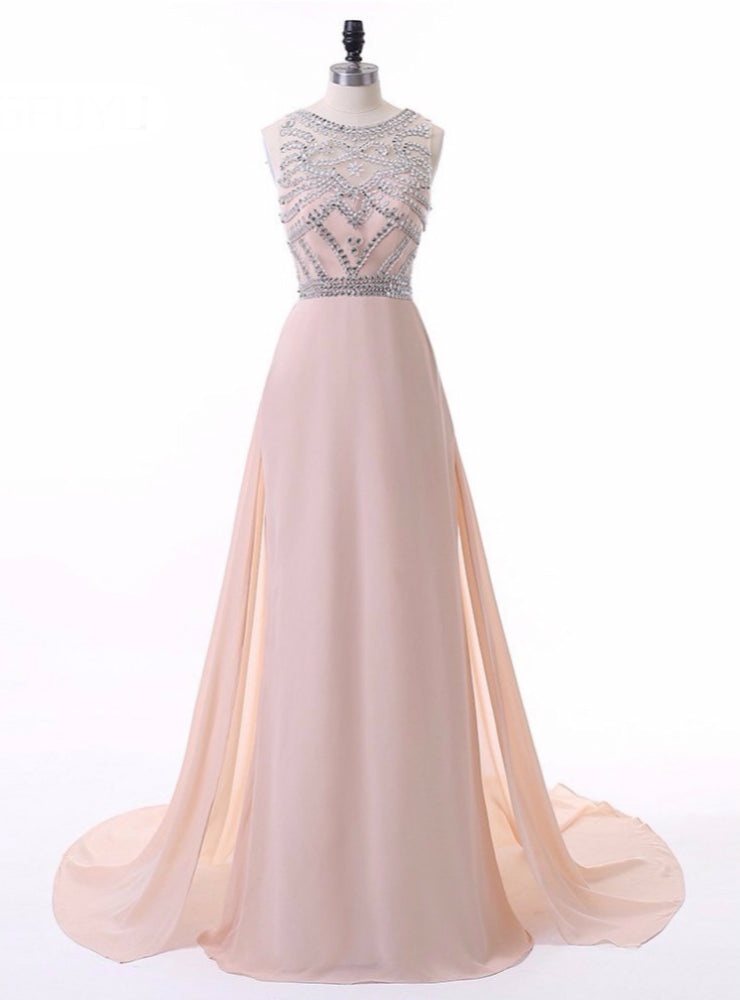 Chiffon Beaded Scoop A Line Light Blue Evening Dresses Long