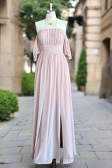 Chiffon Bridesmaid Dresses Long Off Shoulder Formal Gowns Ruffle Wedding Guest Dresses with Slit