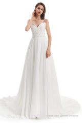 Chiffon Lace Spaghetti Straps Beading Wedding Dresses