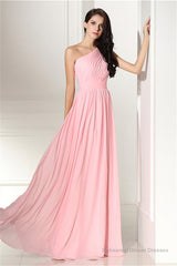 Chiffon Pink One Shoulder Long Bridesmaid Dresses