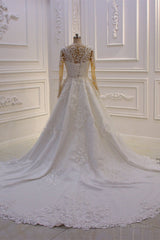 Classic Jewel Long Sleevess Tulle Lace Sparkle Ivory Wedding Dress