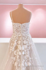 Classy Long A-Line Tulle Spaghetti Straps Appliques Lace Backless Wedding Dress