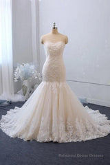 Classy Long Mermaid Sweetheart Backless Appliques Lace Tulle Wedding Dress