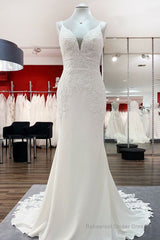 Classy Long Mermaid V-neck Satin Open Back Wedding Dress with Lace Appliques