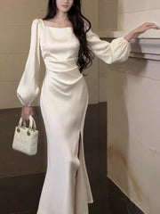 Classy Mermaid Square Neckline Long Sleeves Slit Prom Dresses Evening Gowns