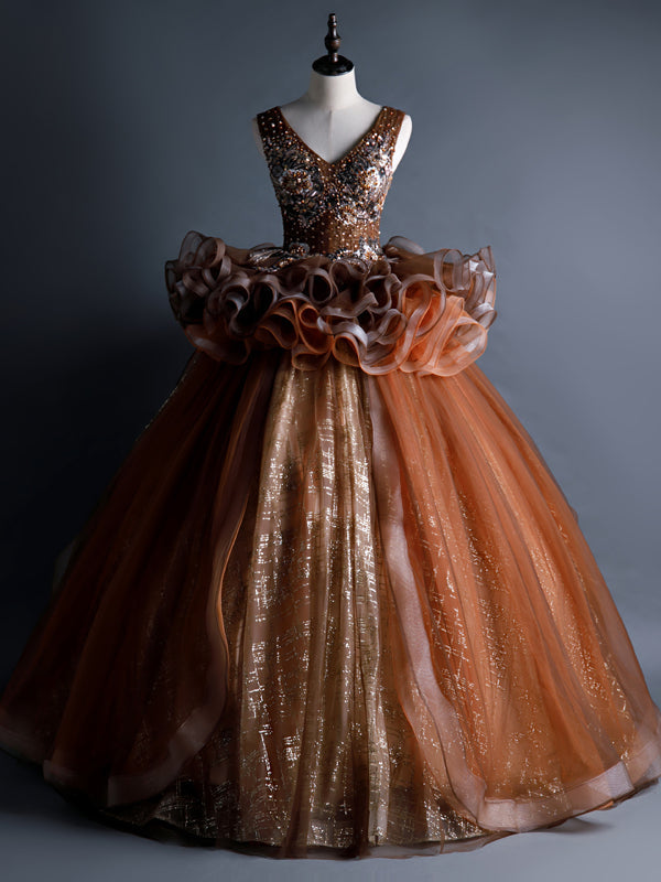 Coffee Tulle Sequins V-neck Beading Quinceanera Dress