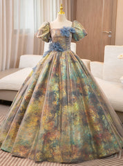 Colorful print Puff Sleeve Flower Quinceanera Dress