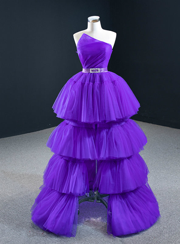 Come In All Styles And Colors Purple Ball Gown  Strapless Pleats Tiers Prom Dress With Belt