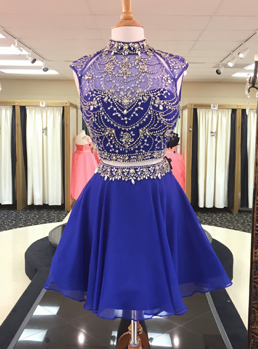 Crystal Beaded High Neck Two Piece Homecoming Dresses in Royal Blue Chiffon