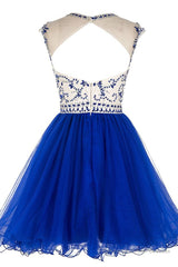 Custom Made Round Neck Cap Sleeves Beading Black Short Prom Dresses Royal Blue Homecoming Dresses, Evening Dresses 2019