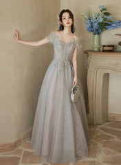 Cute A-line Light Grey Off Shoulder Shiny Tulle Prom Dress, Light Grey Party Dress