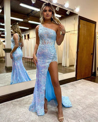 Cute Mermaid One Shoulder Light Blue Lace Long Prom Dresses with Appliques