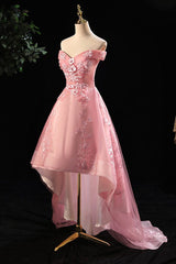 Cute Pink Off Shoulder High Low Tulle with Lace Party Dress, Pink Homecoming Dresses