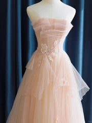 Cute Pink  Strapless Tulle Long Formal Dress with Flowers, Pink Tulle Prom Dress