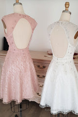 Cute round neck tulle lace short prom dress lace bridesmaid dress