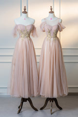 Cute Tulle Lace Tea Length Prom Dress, Pink A-Line Evening Party Dress