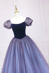 Cute Velvet Tulle Long Prom Dress, A-Line Short Sleeve Graduation Dress