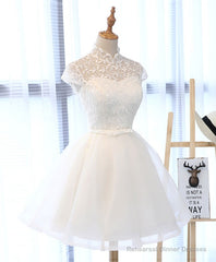 Cute White Lace Short Prom Dress, White Homecoming Dress