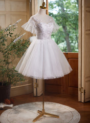 Cute White Tulle with Lace Short Party Dress, White Graduation Dress