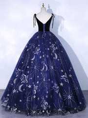 Dark Blue A-Line Tulle Lace Long Prom Dress, Dark Blue Long Formal Dress