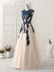 Dark Blue Lace Applique Tulle Long Prom Dress Blue Bridesmaid Dress