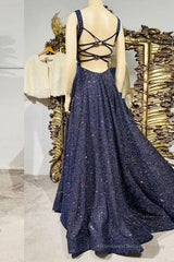 Dark blue sequin long prom dress , blue evening dress