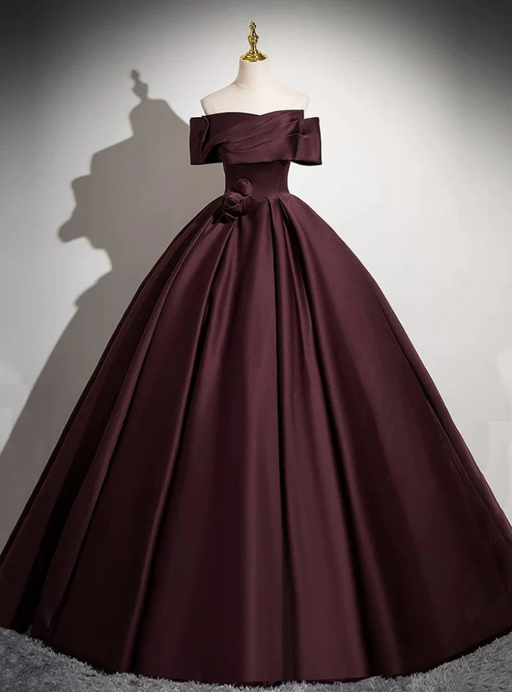 Dark Burgundy Satin Off the Shoulder Flower Prom Dress