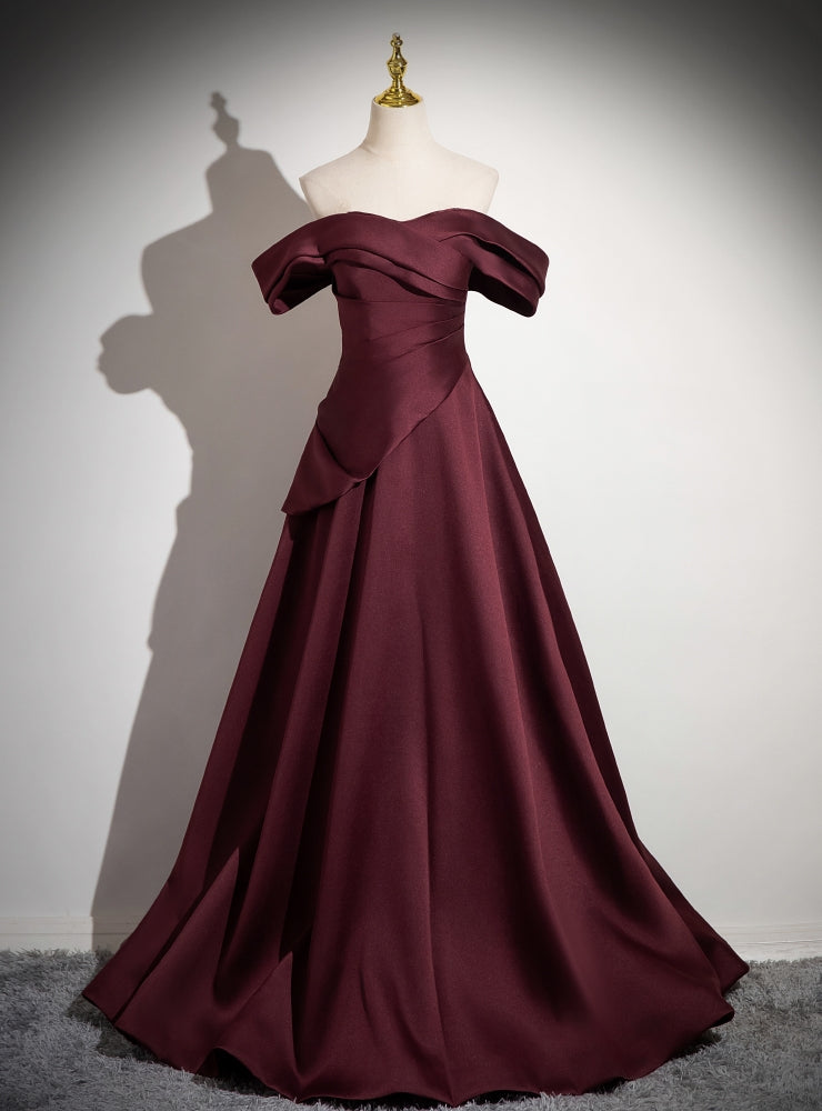 Dark Burgundy Satin Pleats Prom Dress