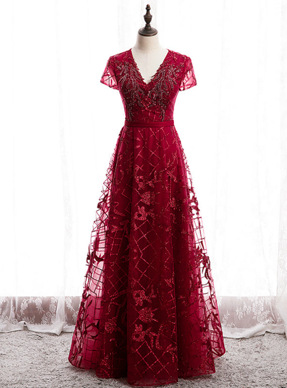 Dark Burgundy Tulle V-neck Cap Sleeve Beading Prom Dress