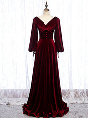 Dark Burgundy Velvet Long Sleeve V-neck Pleats Prom Dress