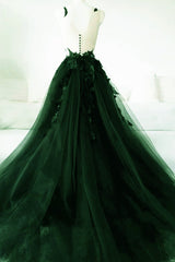 Dark Green A-Line Open Back Tulle Lace Floral Formal Dress, Green Long Prom Dress