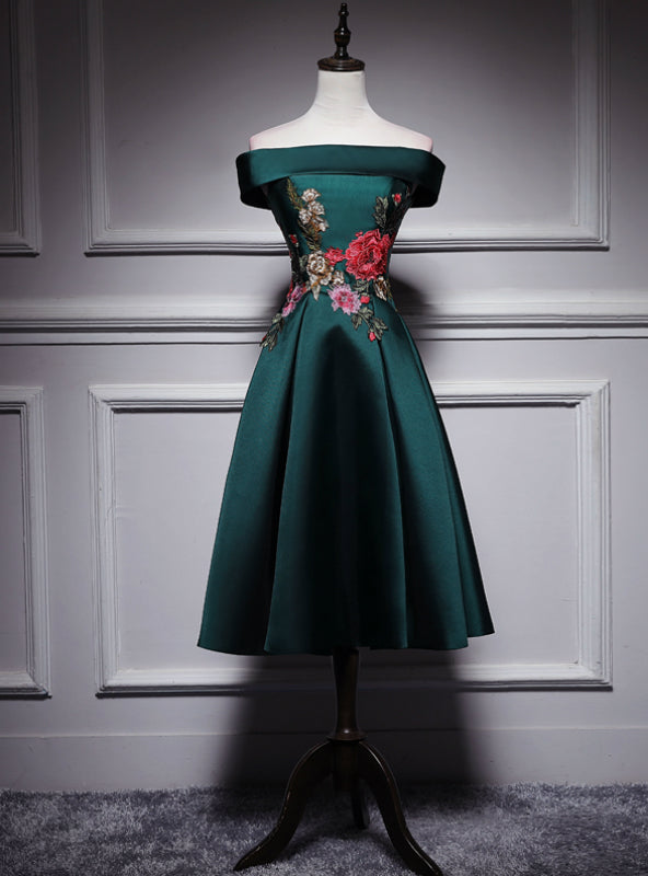 Dark Green Satin Off the Shoulder Appliques Tea Length Prom Dress