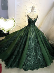 Dark Green Tulle Ball Gown Formal Dress Shiny Tulle Lace Sweet 16 Dresses prom dresses shops