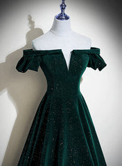 Dark Green Velvet Off Shoulder Long Party Dress, Green A-line Prom Dress