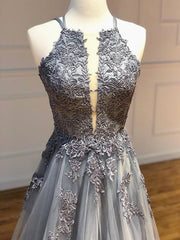 Dark Grey Halter Backless Tulle with Lace Party Dress A-line Grey Formal Dress prom dresses shops