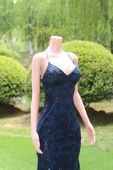 Dark Navy Blue Prom Dresses Sequins Mermaid Tulle Long Evening Dresses Spaghetti Straps