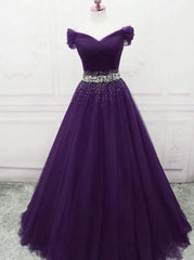 Dark Purple Beaded Tulle Off Shoulder Party Dress Purple Junior Prom Dresses prom dresses shops