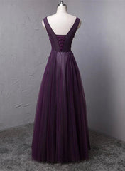 Dark Purple V-neckline Beaded Tulle Long Formal Dress Purple Evening Dress prom dresses shops