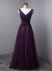 Dark Purple V-neckline Beaded Tulle Long Formal Dress Purple Evening Dress prom dresses shops