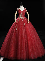 Dark Red Tulle Sequins V-neck Appliques Quinceanera Dress