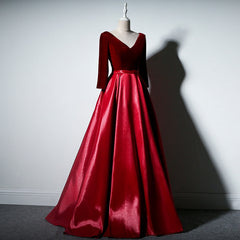 Dark Red Velvet and Satin V-neckline Long Prom Dresses Evening Dress, Red Bridesmaid Dresses